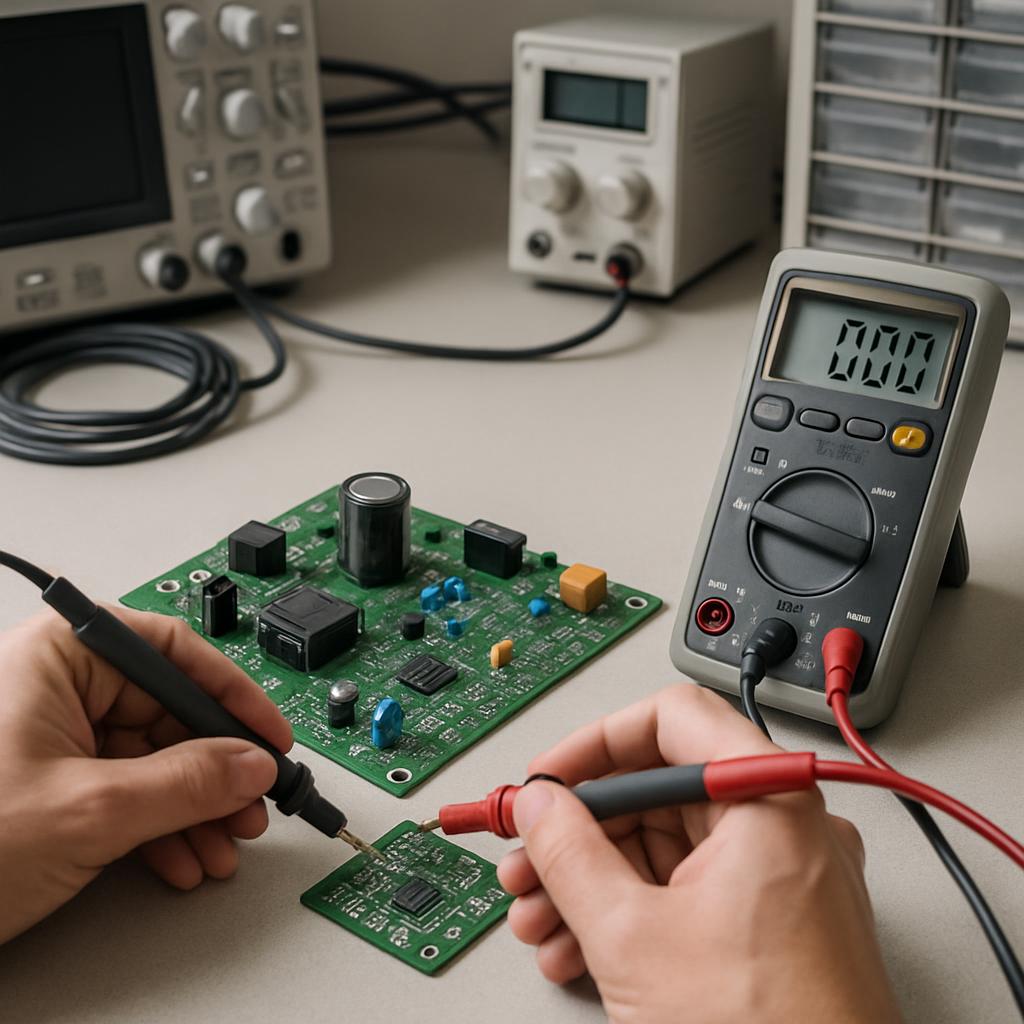 Раздел Instrument repair lab in white Panasonic, hand is using a voltage probe.